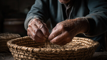 Old man weathered hands crafting a basket, natural daylight, heritage theme, editorial documentary style