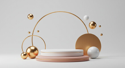 Abstract 3D render of a product display podium with golden spheres and a white background