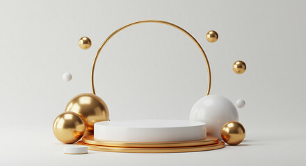 Elegant minimalist 3D rendering with a white podium and golden spheres decoration