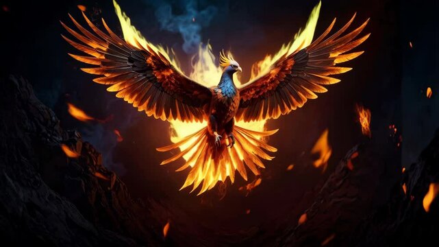 Fantastic vibrant phoenix flying in dark sky with fire burning around glowing wings and feathers, fantasy bird flapping against black backdrop