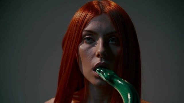 Slow Motion 4K UHD Video of a Red-Headed Woman With a Snake for a Tongue