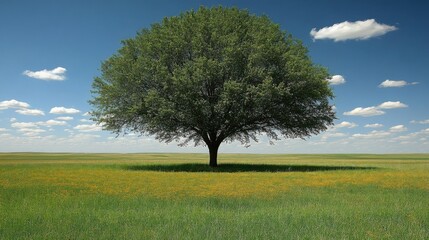 Scenic Landscape of a Solitary Tree in a Verdant Field Under a Blue Sky