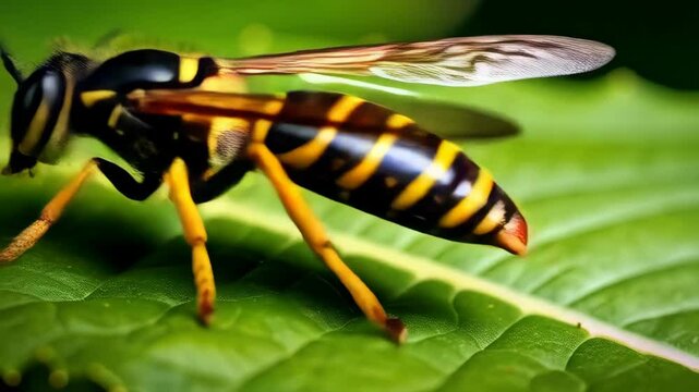 Striking Yellowjacket Wasp perched on vibrant green leaf in detailed close up.  Insect displaying distinctive black and yellow markings and translucent wings.