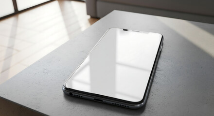 A realistic smartphone with blank screen on a modern surface, suited for UI/UX mockups