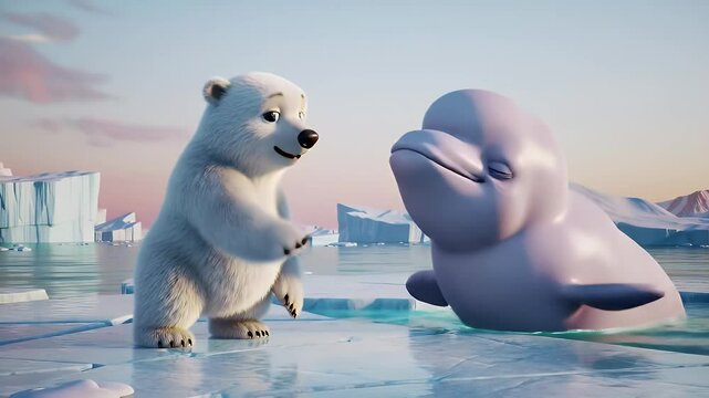 Polar bear and beluga whale embrace in icy landscape