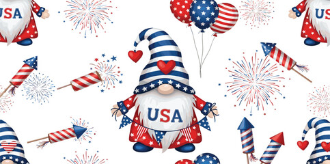 Obraz premium 4th of July patriotic gnome with fireworks, rockets and balloons. Vector seamless pattern. Isolated on white background. Independence Day background. For digital paper, greeting cards, web design
