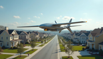 Fototapeta premium Drone Flying Over Residential Neighborhood