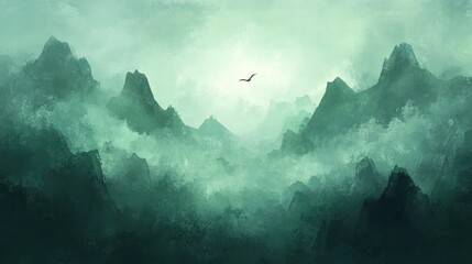 A solitary bird soars above a misty, green mountain range, the peaks shrouded in ethereal fog under a muted sky