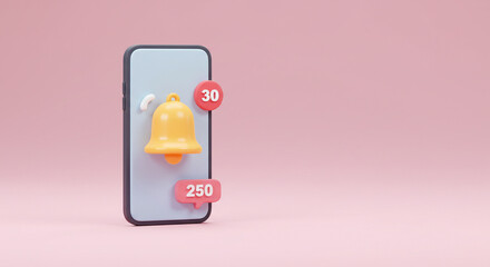 3D render of a smartphone with a notification bell and number bubble against pink background