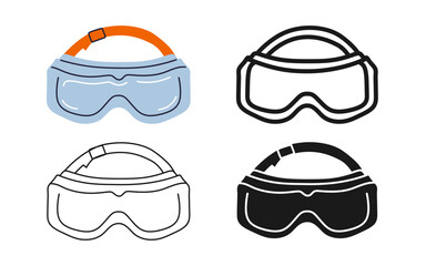 Safety glasses icon symbol set. Modern protective glasses repair for builder mechanic, plumber, carpentry service or for skiing sport. Professional stylized simple sign web design vector illustration