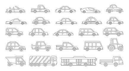 Car hand drawn cartoon style set. Linear cute different transport pickup, bus tractor truck, taxi sedan collection. Simple doodle car illustration for children textile cloth poster vector illustration