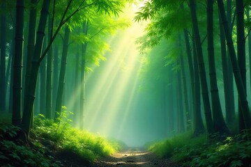 Fototapeta premium Serene bamboo forest bathed in soft morning light, mist clinging to the lush green leaves Tranquil scene evokes peace and harmony , landscape, wood