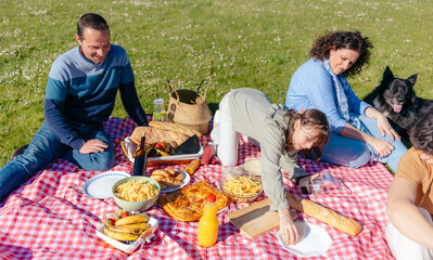 Family having fun during a picnic on a red checkered blanket with their dog in a sunny meadow