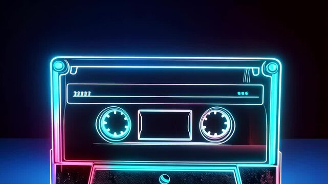 Vaporwave Style Cassette Tape with Neon Pink and Blue Lights on a Dark Background
