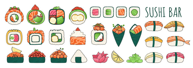 Sushi cartoon set. Traditional Asian Japanese food big set. Sushi different seafood Philadelphia, maki roll, California, nigiri sashimi textured linear vector for oriental menu cafe bar restaurant