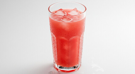 A refreshing glass of red fruit juice with ice on a white surface