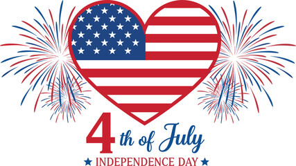 Obraz premium 4th of July, United Stated Independence day text Banner with USA Flag in heart shape and fireworks. American national holiday. Hand drawn lettering typography design.