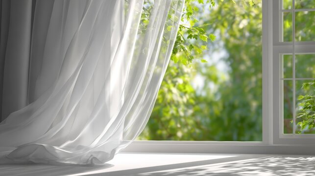 Fototapeta Open window with flowing white curtains letting fresh air and sunlight into a serene room, symbolizing freedom and tranquility