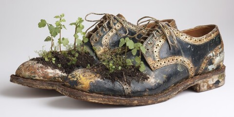 Shoes transformed into a mini garden showcasing resilience and rebirth with sprouting plants from worn out footwear