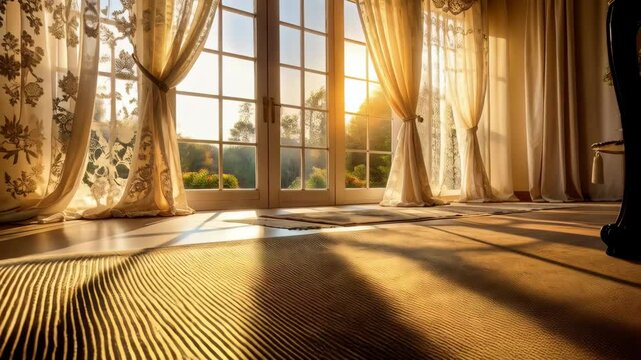 Sunlit interior showcases golden sunlight streaming through sheer curtains, casting shadows on wooden floor and patterned rugs near open French doors
