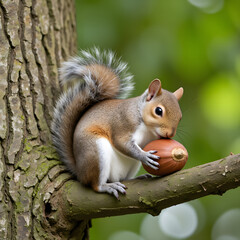 Obraz premium Squirrel eating a nut on a tree branch, close-up
