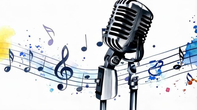 Vintage microphone illustration with musical notes and colorful watercolor splashes on a clean white backdrop