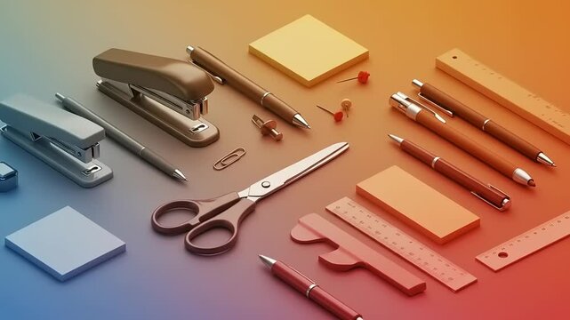 A vibrant workspace setup featuring stationery items like scissors, pens, and sticky notes arranged neatly