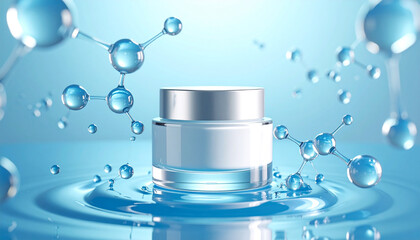 Close-up of white cream on the background of bubble molecules and water. The concept of promoting the launch of a new cosmetic product.
