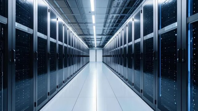 Corridor of server racks inside data center showcases a large array of computer hardware and technology equipment.