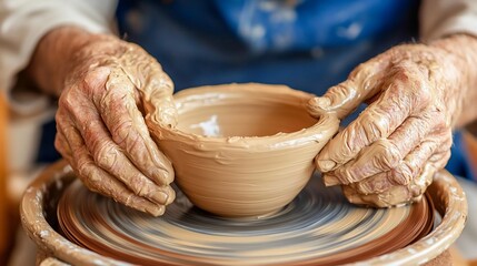 Skilled hands shaping clay on a pottery wheel, creating a bowl