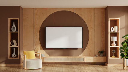 Modern living room interior featuring a built-in flat screen TV mounted on a wooden wall with circular accent design- 3D rendering