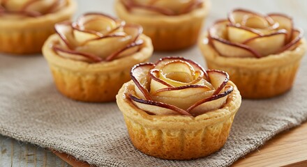 Floral Tart Delights: Delicate apple roses grace individual tarts, offering a visual and gustatory treat. This image evokes a sense of elegance, culinary artistry, and simple pleasures.