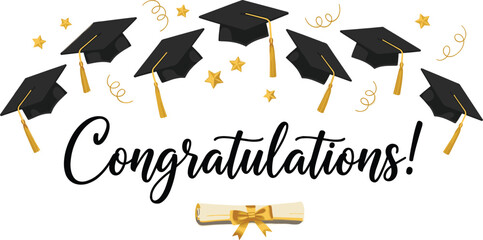 Graduation greeting lettering sign with square academic caps high into the air. Vector design for grad, congratulation ceremony, invitation card, banner. Grads symbol for university,