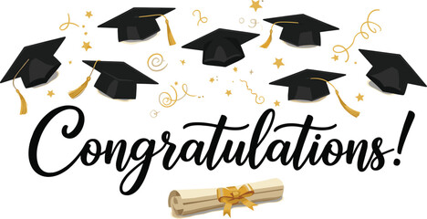 Graduation greeting lettering sign with square academic caps high into the air. Vector design for grad, congratulation ceremony, invitation card, banner. Grads symbol for university,