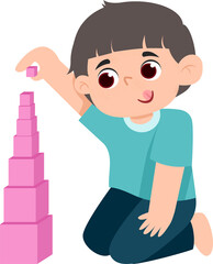 Child Building Pink Block Tower, Educational Play