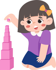 Girl Stacking Pink Cubes, Educational Tower, Child Development, Learning Concept, Cartoon Illustration