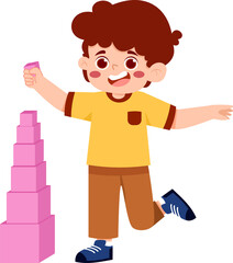 Joyful Boy Building Tower: Pink Blocks, Education, Childhood.