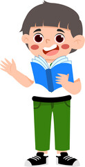 Enthusiastic Boy Reading, Animated Illustration, Green Pants, Open Book, Expressive Gesture.