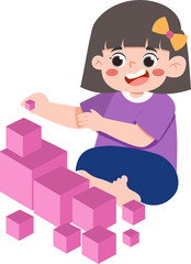 Smiling girl building with pink cubes, cartoon illustration.