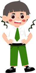 Cartoon boy in school uniform, hands on hips, frustrated or angry expression.