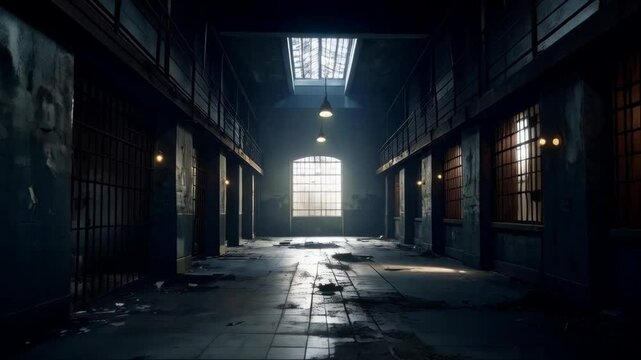 Gloomy interior of a desolate prison block featuring cell bars, worn tile floor, peeling paint, and dim lighting creating a haunted atmosphere with a view to the outside