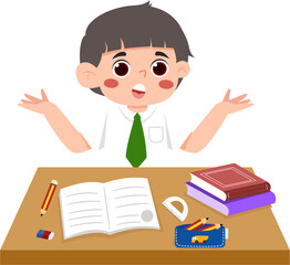 Confused student with open book, pencil case, and school supplies on desk, cartoon style.