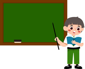Boy Teaching at Chalkboard with Pointer and Open Book, Cartoon Illustration.