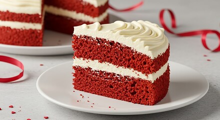 Red Velvet Cake Slice: A delectable slice of red velvet cake, layered with creamy frosting, sits on a white plate, ready to be enjoyed. Red ribbons add a touch of festive charm.