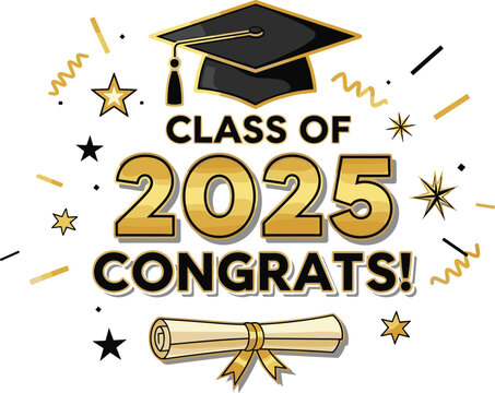 Class of 2025 Congrats greeting sign with academic cap and diploma. Congrats Graduated. Congratulating banner. Handwritten brush lettering. Isolated vector text for graduation design, card