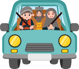 Cartoon Family Road Trip: Gray Hijab, Cat, Teal Car, Safety.