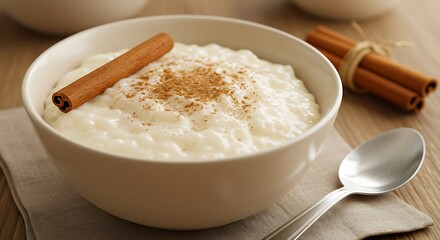 Creamy Delight: A close-up shot presents a visually appealing bowl of creamy rice pudding, a single cinnamon stick elegantly perched on the pudding's surface, accompanied by a few additional sticks.