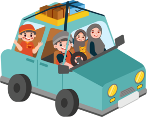 Cartoon Family Road Trip: Blue Car, Luggage, and Joyful Faces.