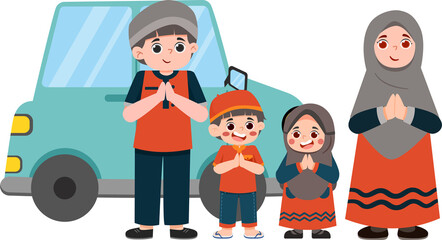 Cartoon Muslim family with car, Eid greeting pose.