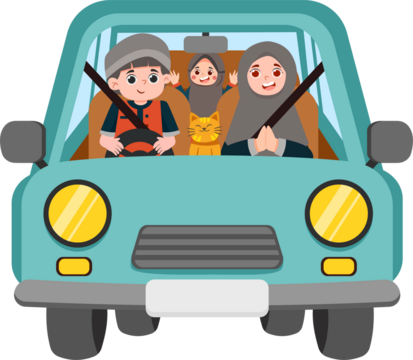 Cartoon Family Road Trip: Gray Hijab, Cat, Teal Car, Safety.